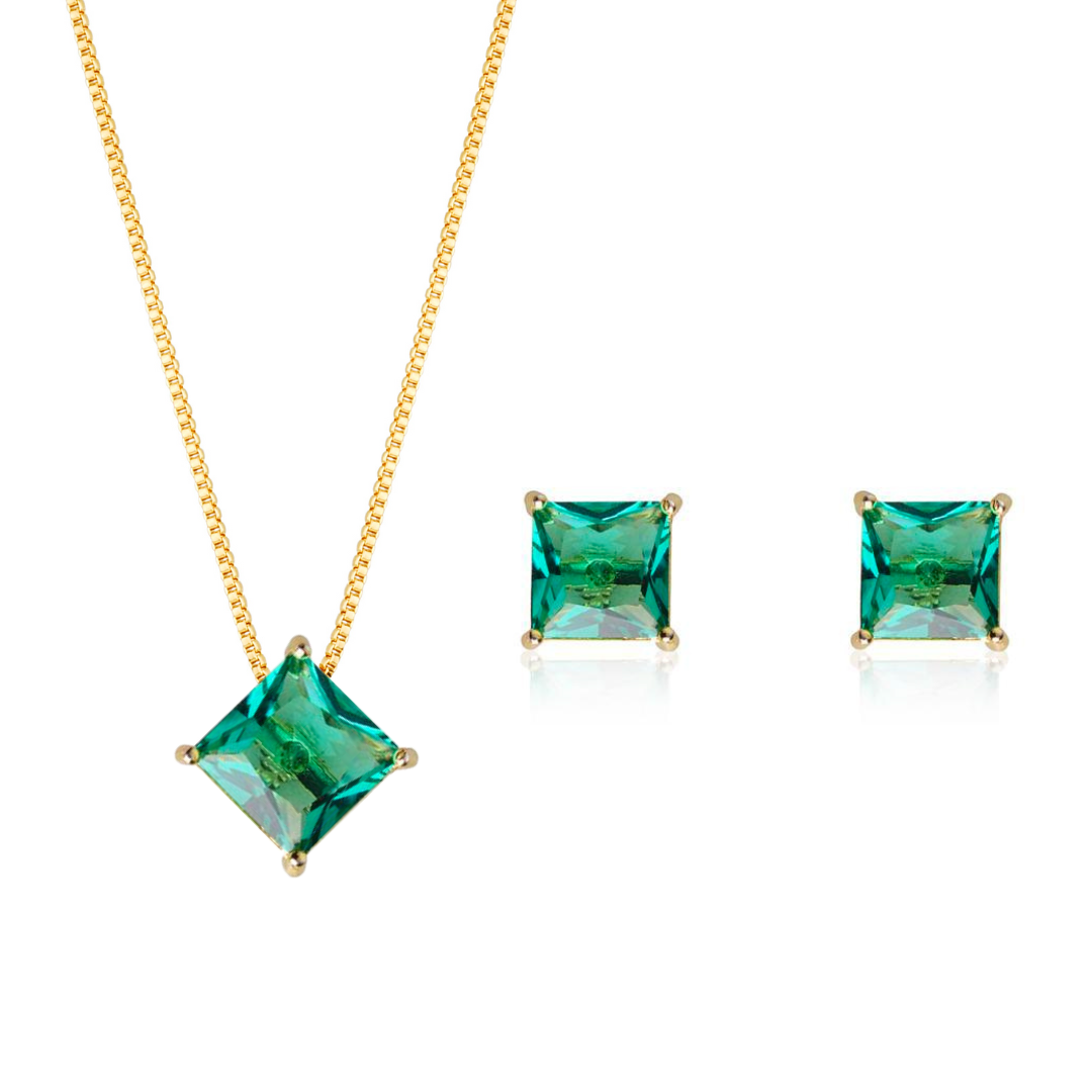 Set with green and square stones