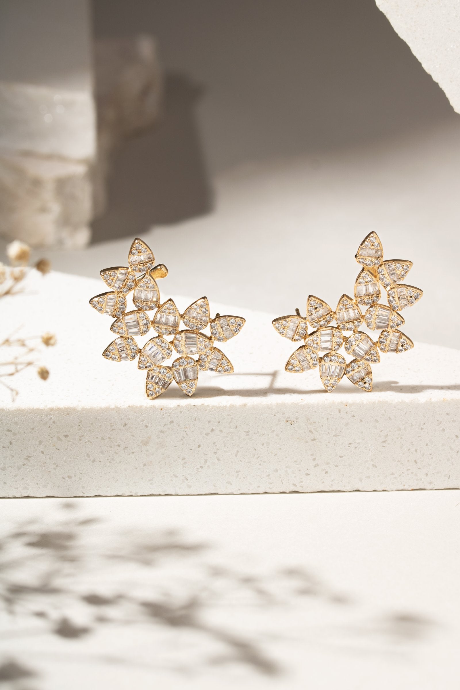 White Zirconia Floral Earcuff with 14 Baguette-Cut Stones
