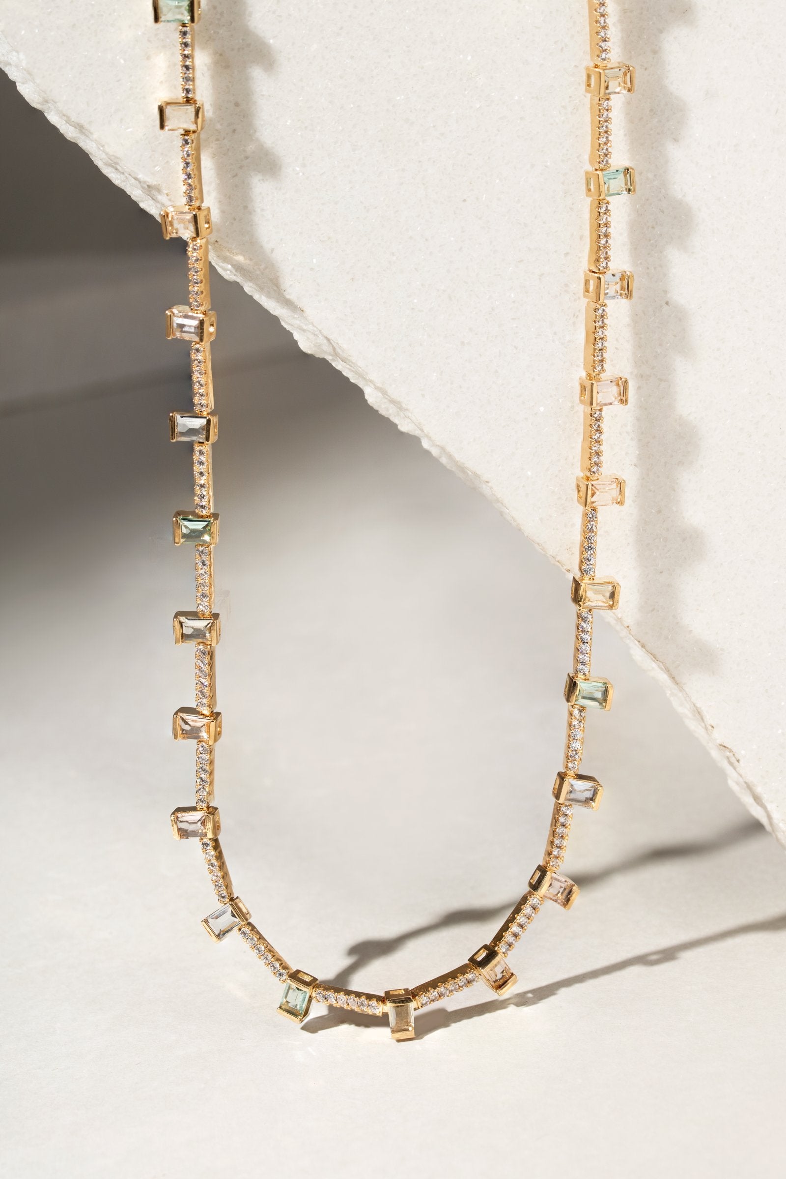 Riviera Necklace with Morganite, Paraiba, and Blue Topaz Crystals