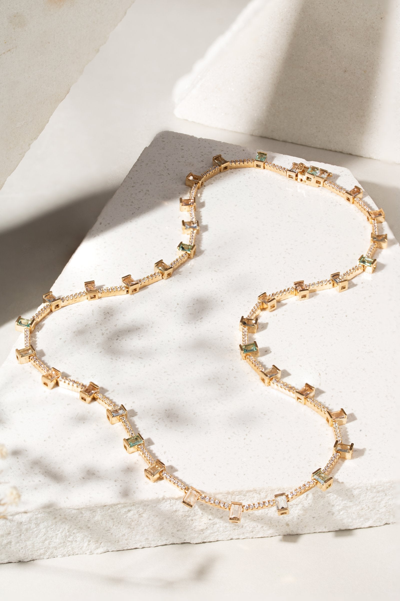 Riviera Necklace with Morganite, Paraiba, and Blue Topaz Crystals