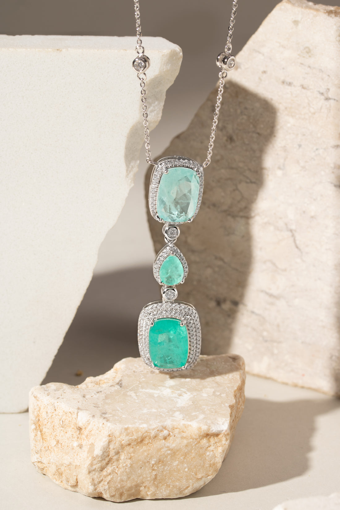 Elegant Long Pendant Necklace with Fusion Tourmaline and White Zirconias