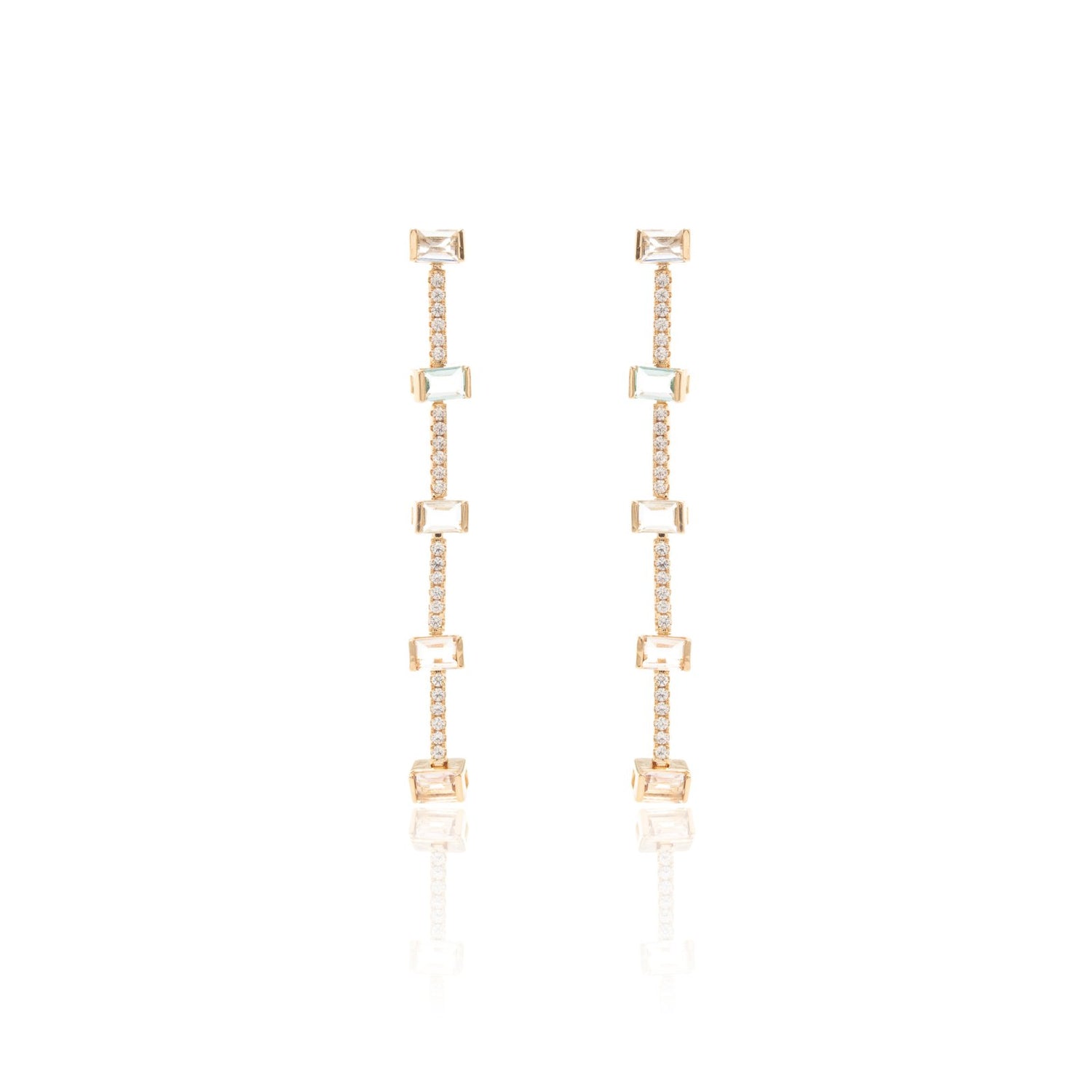 Long Drop Earrings with Morganite, Paraiba &amp; Blue Topaz Crystals