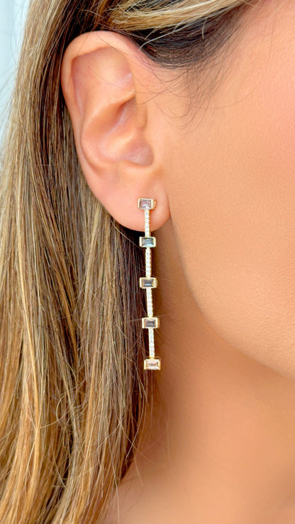 Long Drop Earrings with Morganite, Paraiba &amp; Blue Topaz Crystals