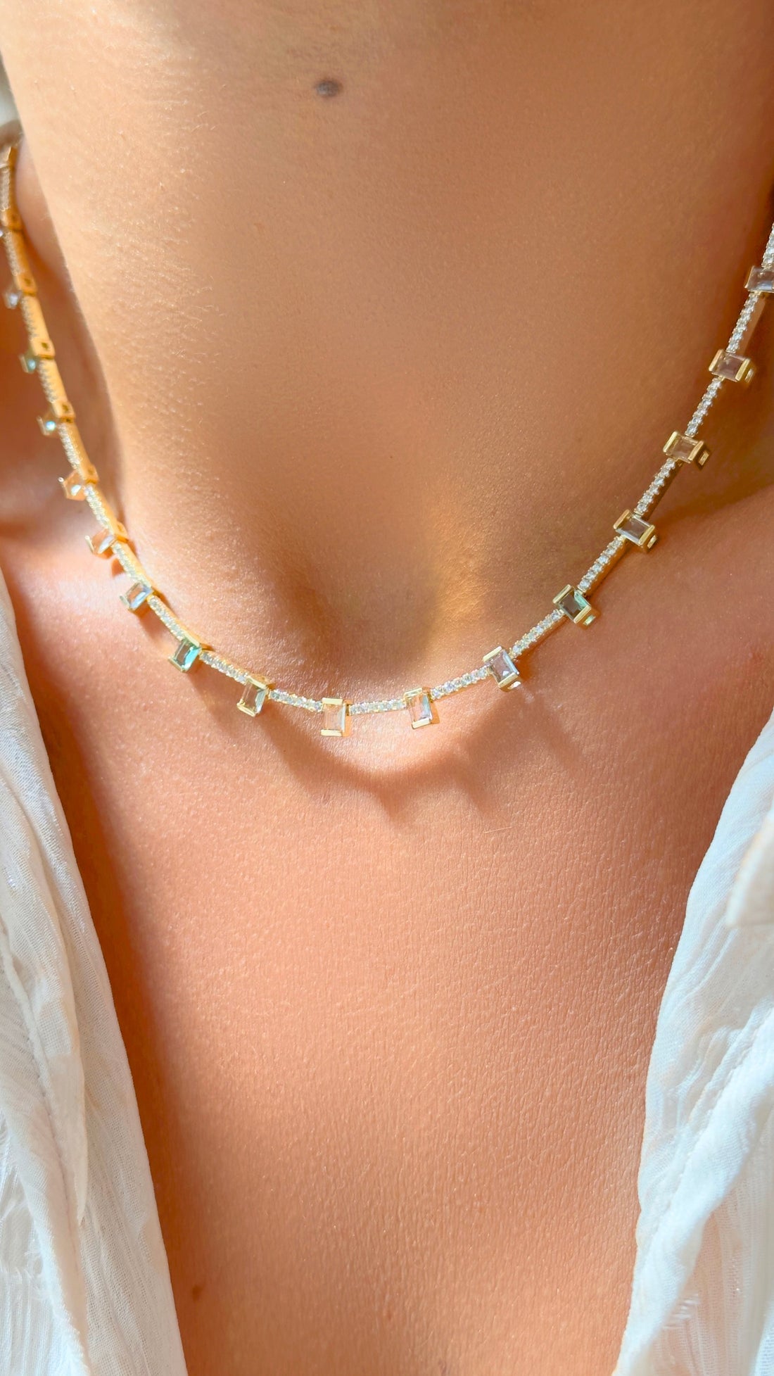 Riviera Necklace with Morganite, Paraiba, and Blue Topaz Crystals