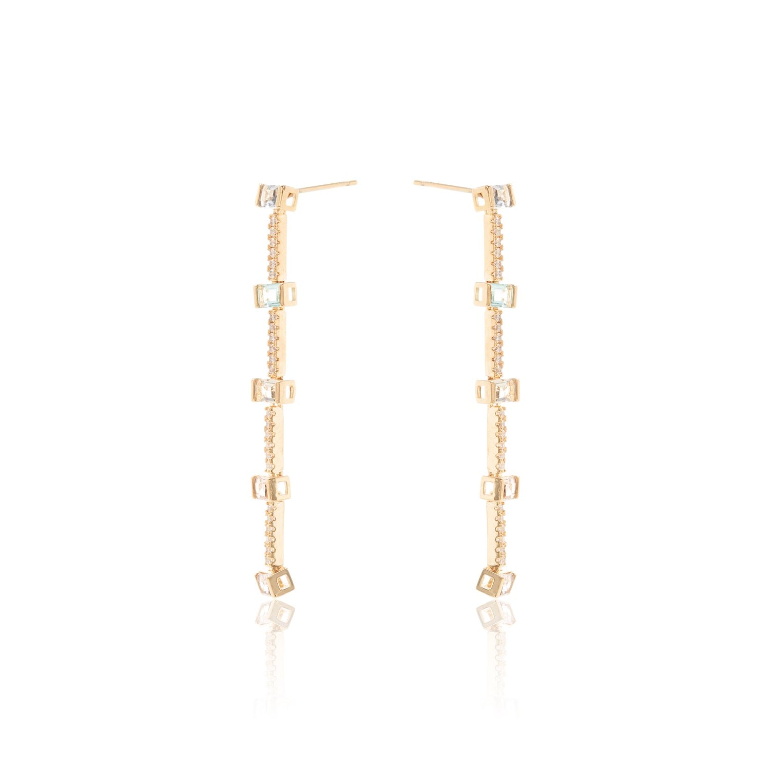Long Drop Earrings with Morganite, Paraiba &amp; Blue Topaz Crystals