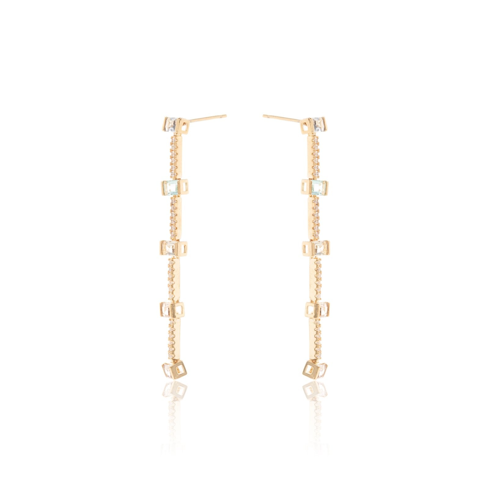 Long Drop Earrings with Morganite, Paraiba &amp; Blue Topaz Crystals