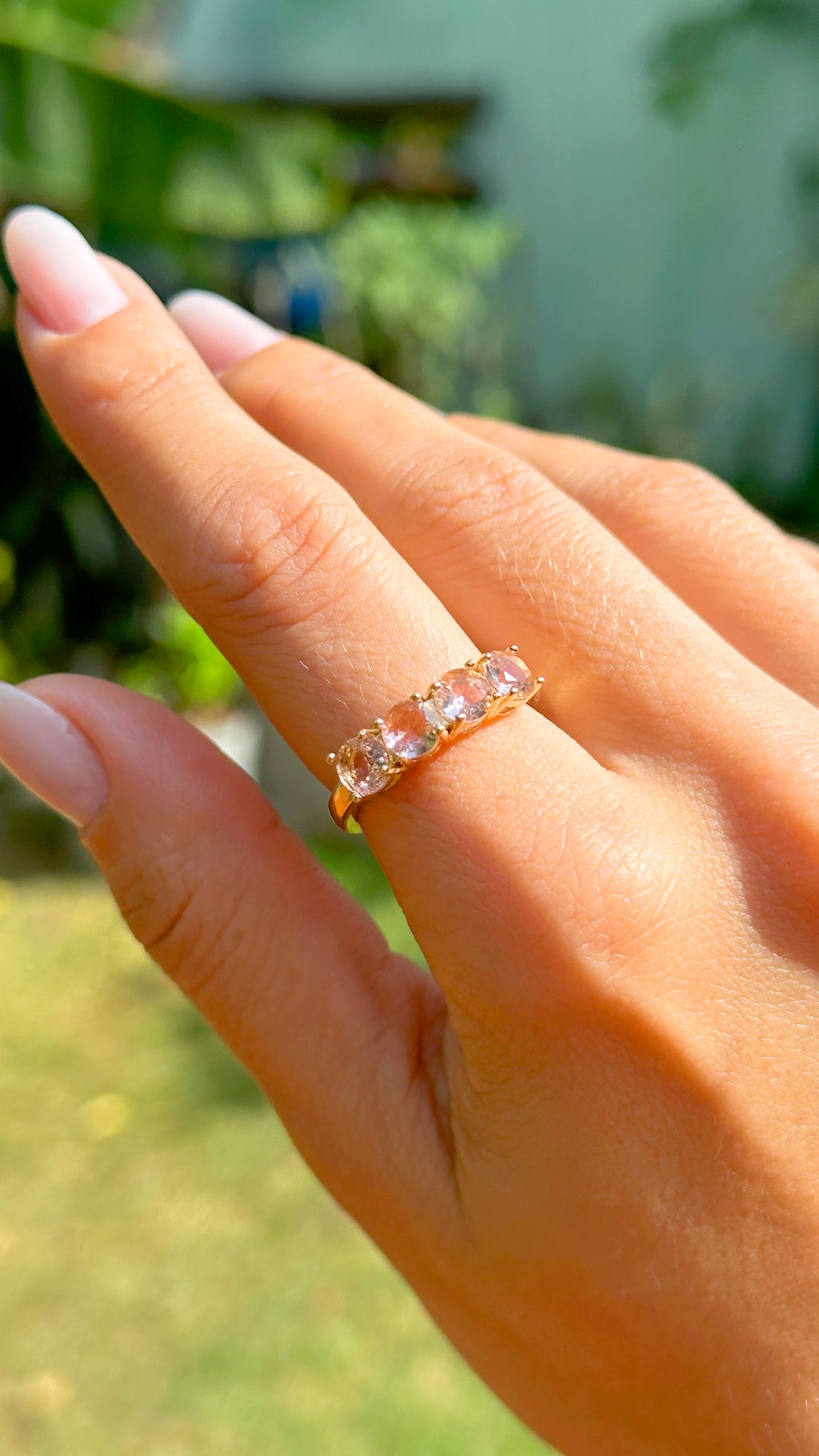 Rodolite Crystal Ring – Half Band with 4 Round Stones in 18K Gold-Filled Finish