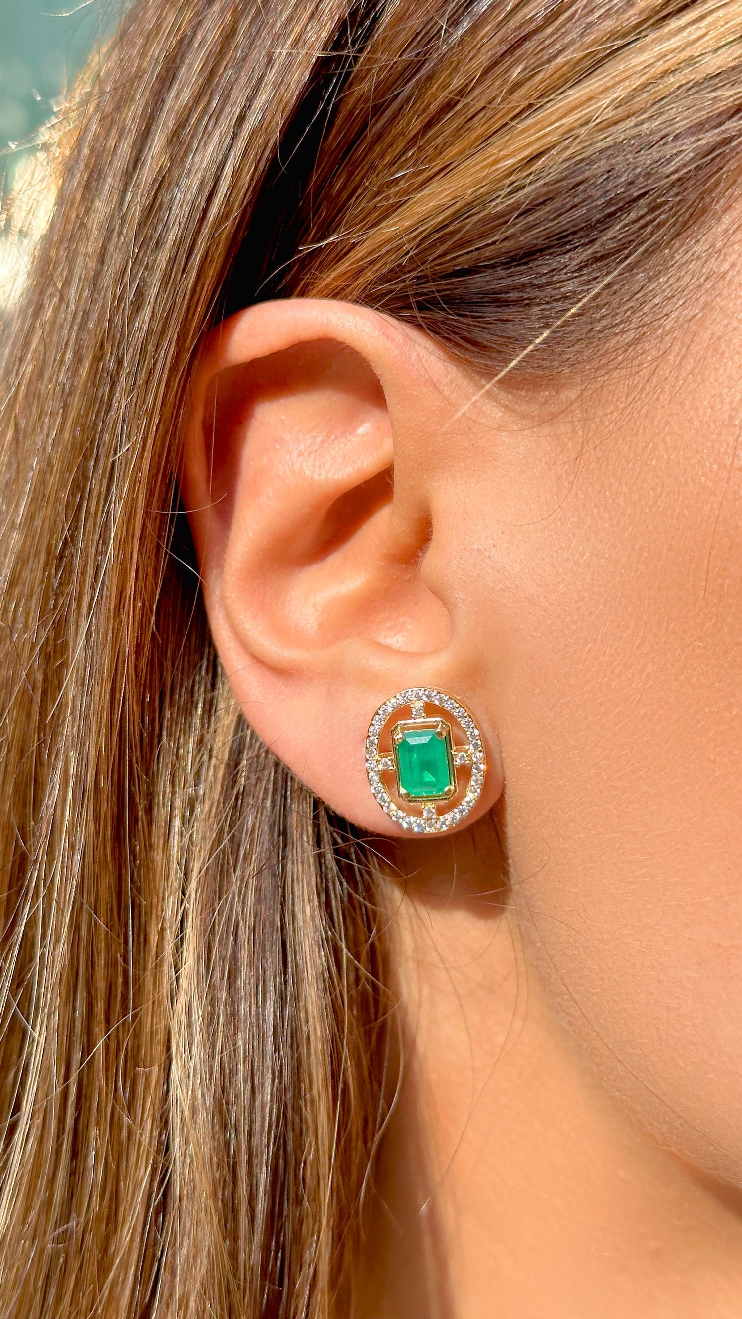 Emerald Crystal &amp; Zirconia Oval Stud Earrings