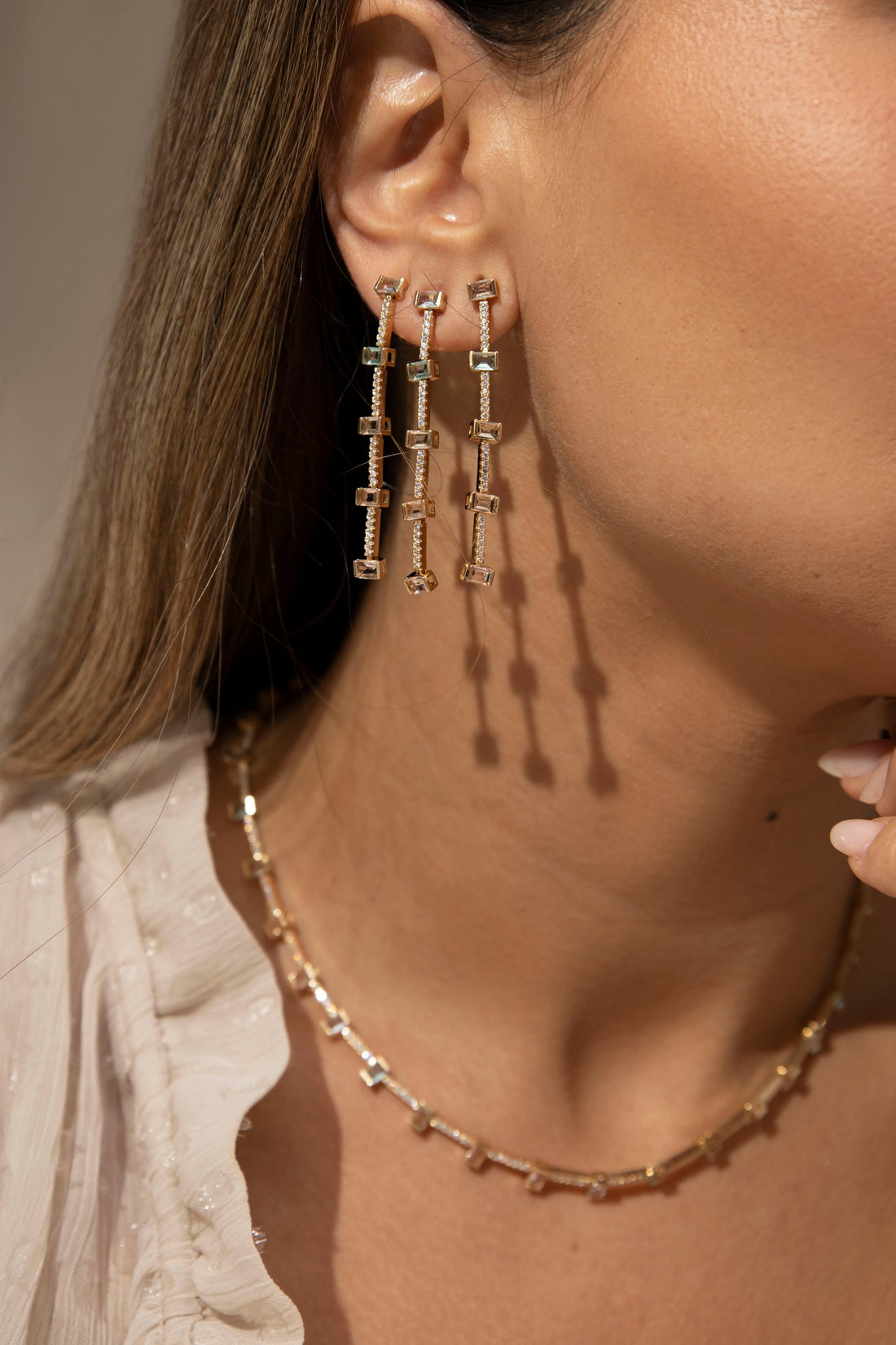 Long Drop Earrings with Morganite, Paraiba &amp; Blue Topaz Crystals