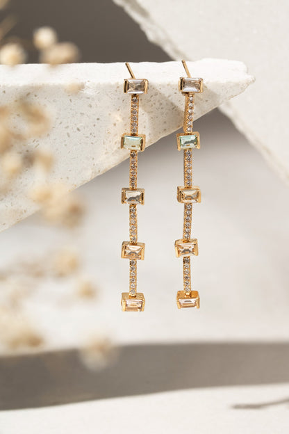 Long Drop Earrings with Morganite, Paraiba &amp; Blue Topaz Crystals