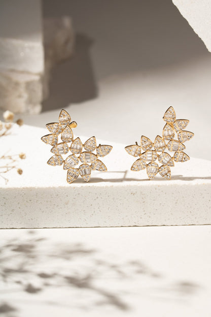 White Zirconia Floral Earcuff with 14 Baguette-Cut Stones