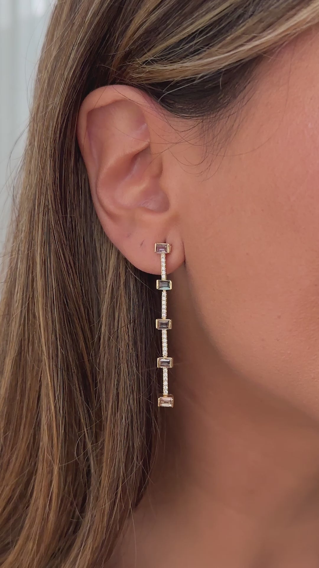 Long Drop Earrings with Morganite, Paraiba &amp; Blue Topaz Crystals
